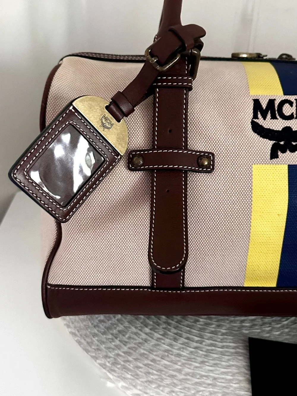 MCM Limited Beige Canvas Brown Leather Trim Boston Weekender Duffle Bag Unisex